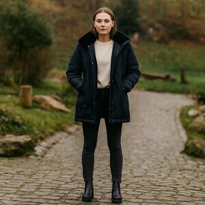 ABERCROMBIE & FITCH Women Navy M THE A&F COZY‎ PARKA COAT JACKET Fur Hood Heavy